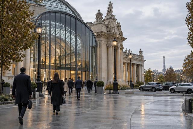 Attendees approach a modern Paris exhibition venue for a major international motor show.