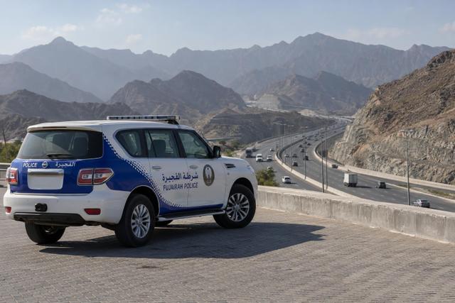 A Fujairah Police patrol vehicle monitoring traffic beside a mountain highway.