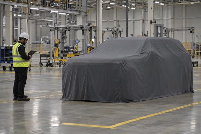 A covered SUV-sized development buck in a factory planning area with unused assembly stations behind it.