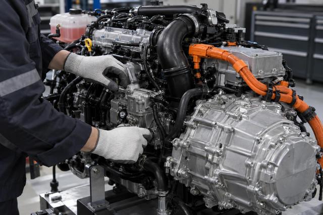 A technician inspects hybrid powertrain components in a workshop.