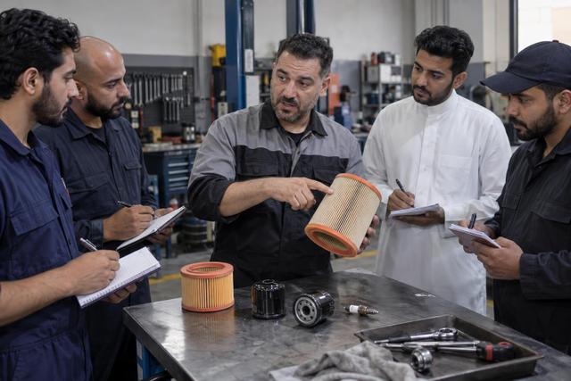 Workshop professionals attend a hands-on session about checking common service parts.