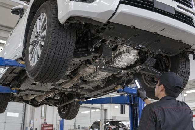 Toyota Land Cruiser 300 on a lift for a transmission-area inspection.