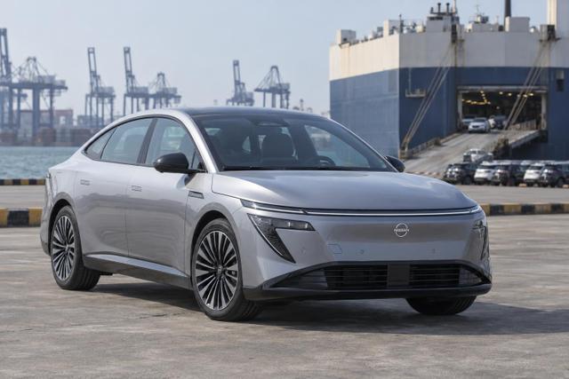 Nissan N7 electric sedan at a Chinese port prepared for export.