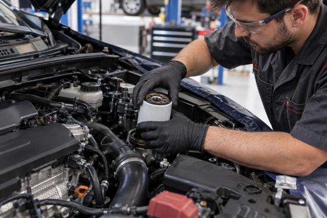 Technician fitting an oil filter during routine engine maintenance in a workshop.