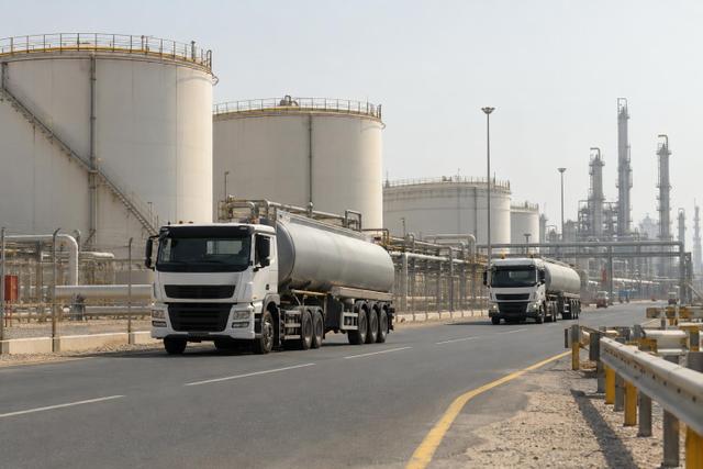 Oil storage tanks and tanker trucks at an industrial petroleum terminal.