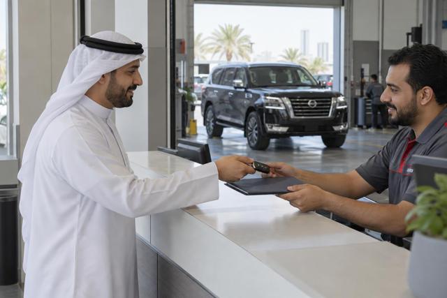 A Nissan Patrol owner speaking with a service advisor about a vehicle eligibility check.