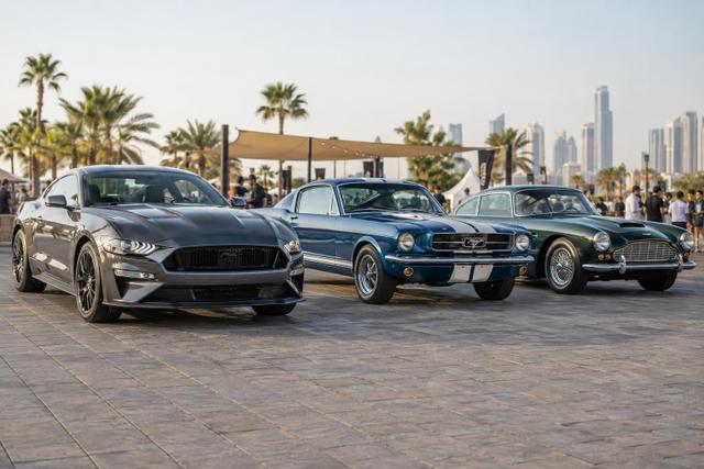 A modern performance coupe, a classic muscle car and a vintage grand tourer displayed together outdoors.