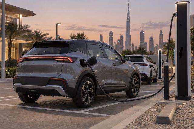 An electric Chery Group crossover charging at a modern public charging hub in Dubai.
