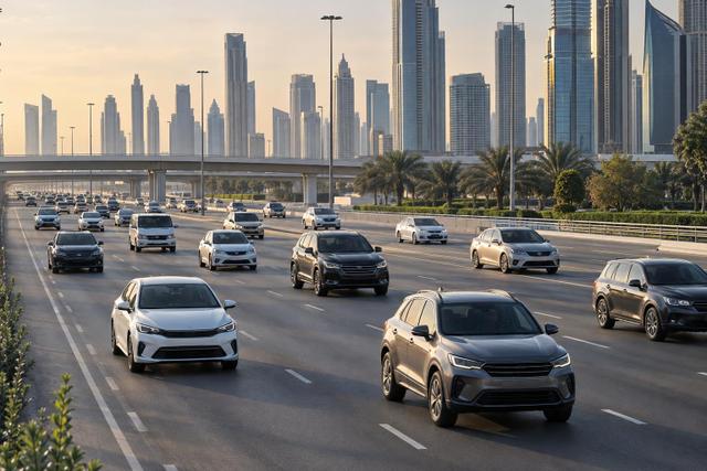 Mixed passenger vehicles travelling on a modern urban road in the UAE.