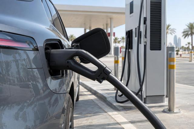 A high-power DC connector plugged into an electric vehicle at a fuel-station charging bay.