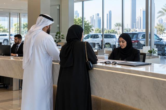 Customers and staff at an orderly vehicle registration service counter in Dubai.
