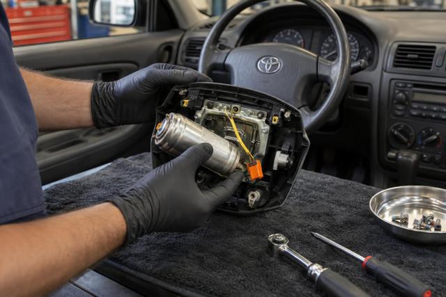 A technician prepares an airbag inflator component for replacement in a workshop.